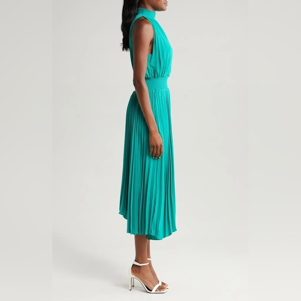 HALOGEN Pleated Sharkbite Hem Midi Dress In Miami Green M - Picture 5 of 8